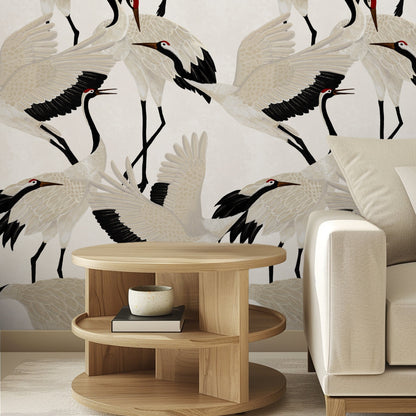 White Heron Chinoiserie Wallpaper