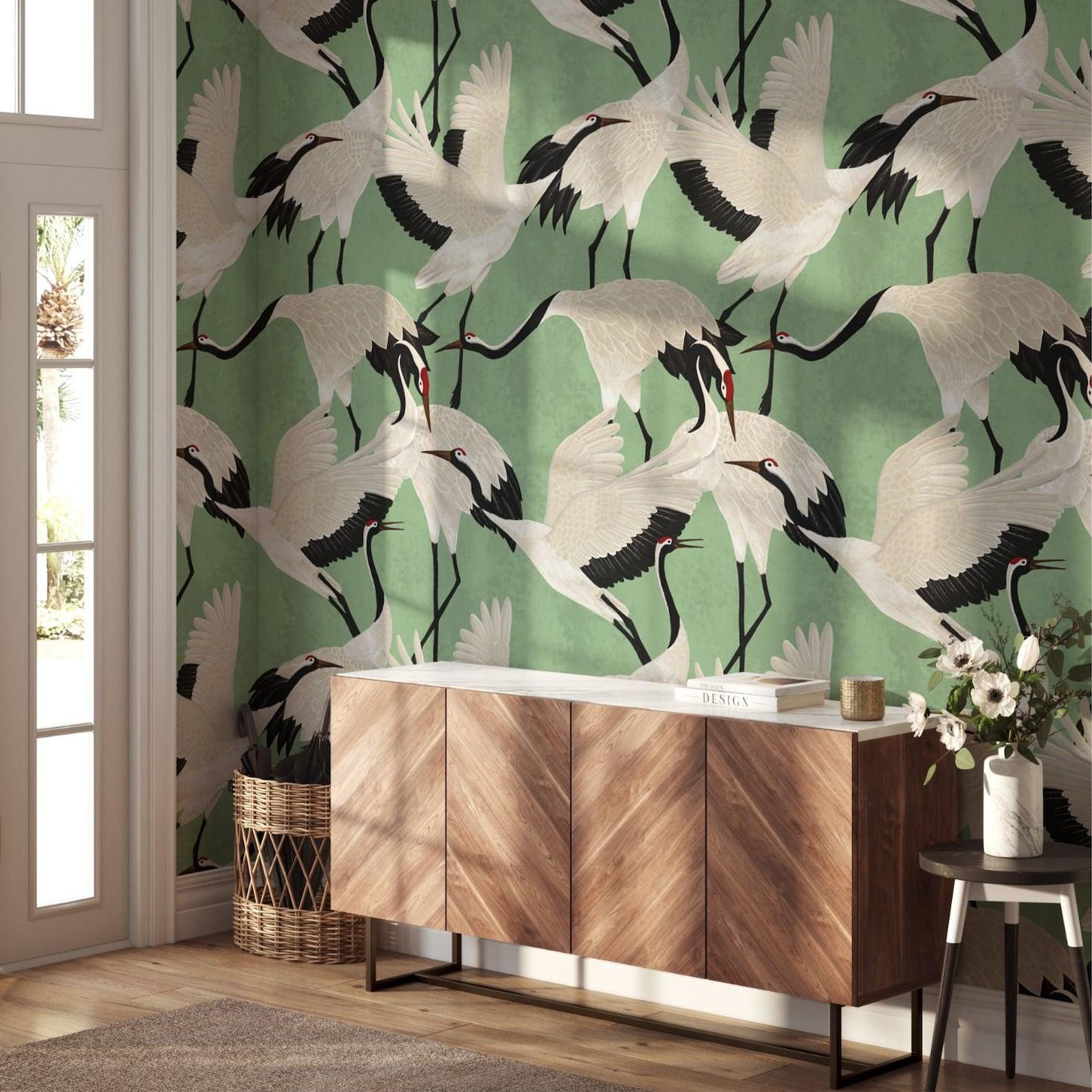 AF6589 | Teal Sprig & Heron Wallpaper